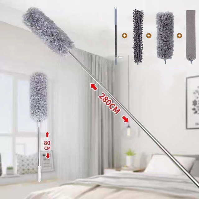 Telescopic Broom Duster Handle Detachable Flexible Feather Microfiber Cleaning Brush