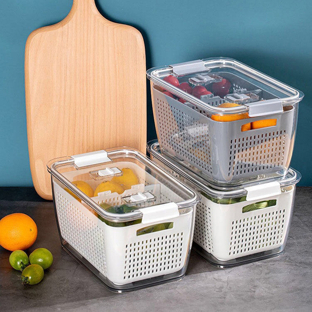 Kitchen Organizer Refrigerator Storage Container Vegetable Fruit Boxes Drain Fridge Storage Basket with Lid